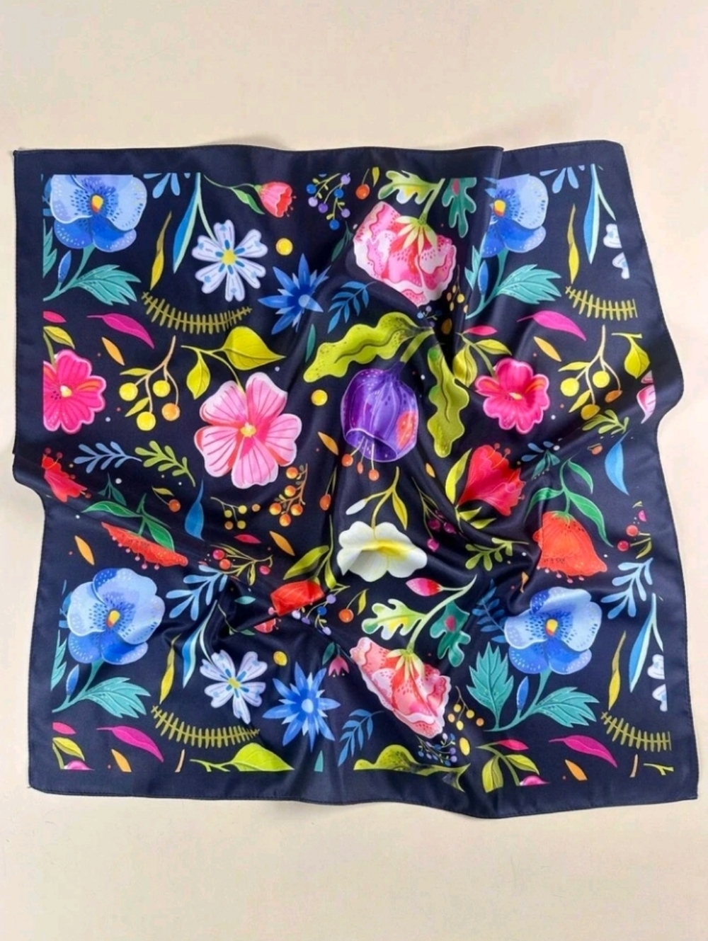 Floral Multicolor Satin Scarf on Black Background Summer Beach Festival Vacation